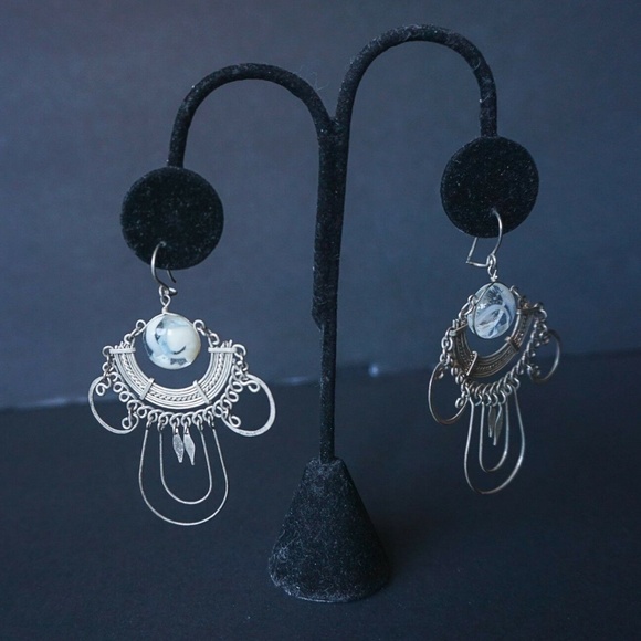Silver Wire Moonstone Dangle Earrings 2" x 2-3/4" - Picture 5 of 8